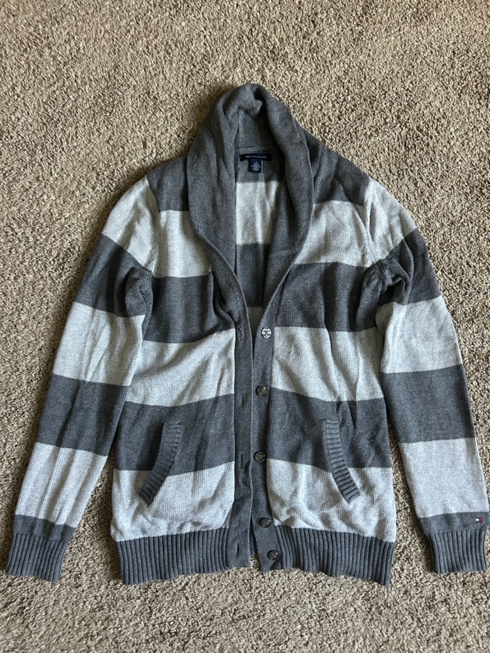 Woman’s Shawl Collar Striped Cardigan Sweater - Gray